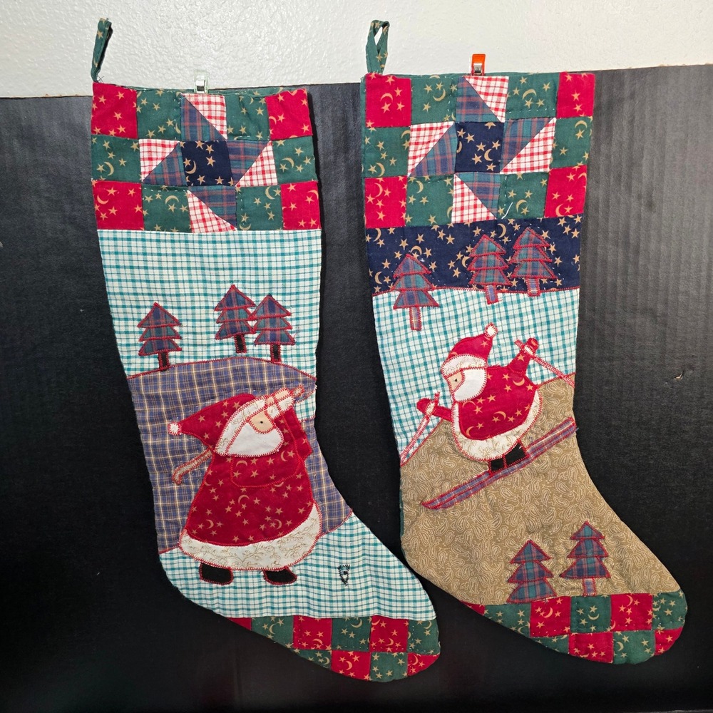Handmade Christmas Stockings Pair 20" Green Red Patchwork Santa Skiing Folk Art